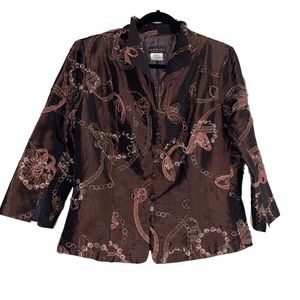 Vintage Marina Embroidered Sz 14 Brown Floral Ribbon Appliqué Y2K Evening Blazer